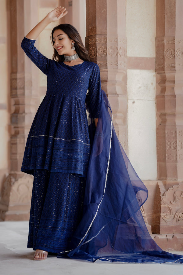 Women's Cobalt Blue Peplum Kurta Palazzo Set - Hatheli