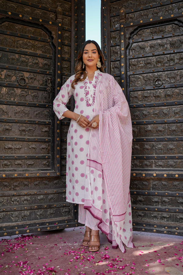 Women's Pink Polka Print Cotton Kurta Set With Dupatta-Benaaz