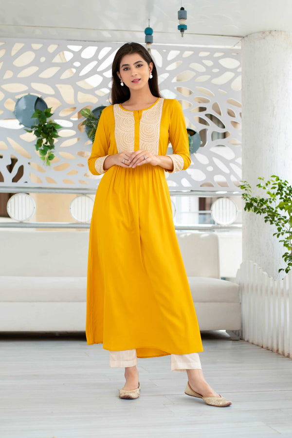 Women's Yellow Long Kurta With Straight Pant Set (2pcs set) - Label Shaurya Sanadhya