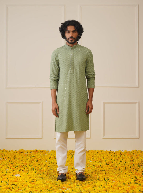 Men Pista Green Chikankari Embroidered and Sequence Kurtas