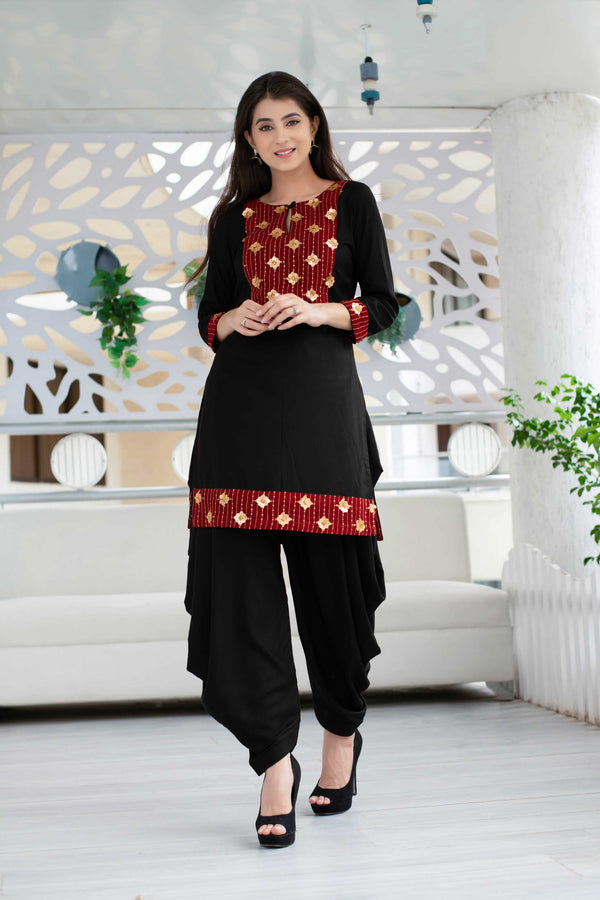 Women's Black Patiala Set With Red Neck Work (2pcs Set) - Label Shaurya Sanadhya