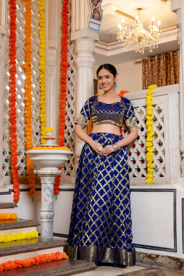 Blue Banarasi Lehenga Choli with Dupatta by Saras the label - 3 pcs set