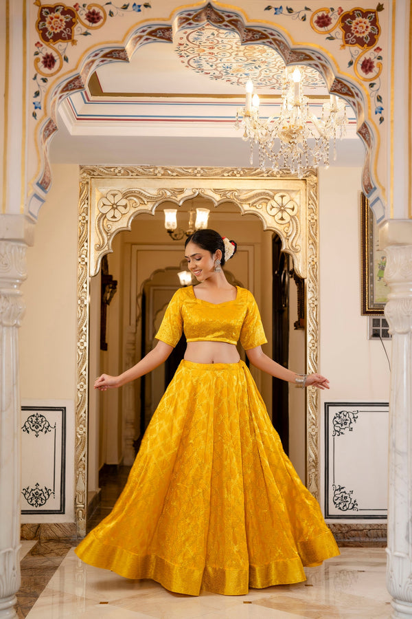 Mustard Yellow Banarasi Lehenga Choli with Dupatta by Saras the label - 3 pcs set