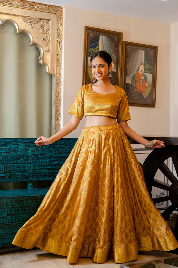 Golden Yellow Banarasi Lehenga Choli with Dupatta by Saras the label - 3 pcs set