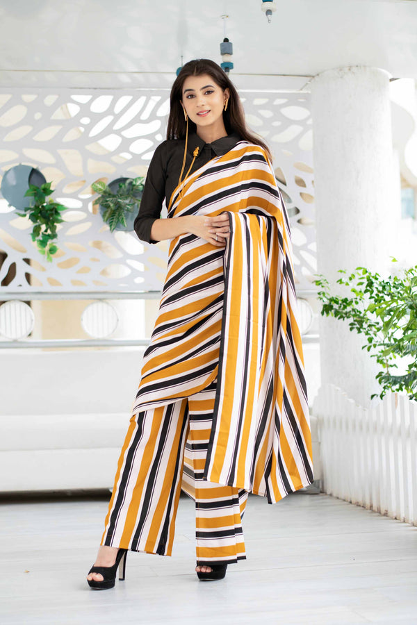 Women's Stripped Pant Styled Saree With Blouse - Label Shaurya Sanadhya