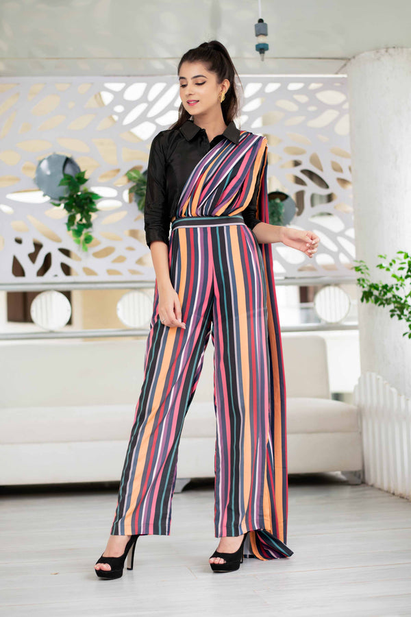 Women's Stripped Pant With Attached Dupatta And Top Set - Label Shaurya Sanadhya