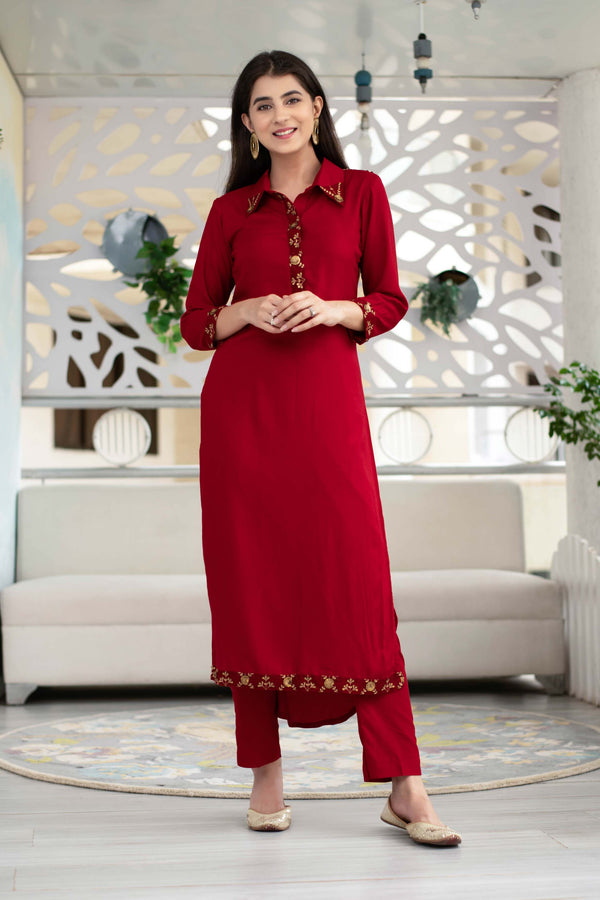 Women's Maroon Sequin Work Kurta Set (2pcs set) - Label Shaurya Sanadhya