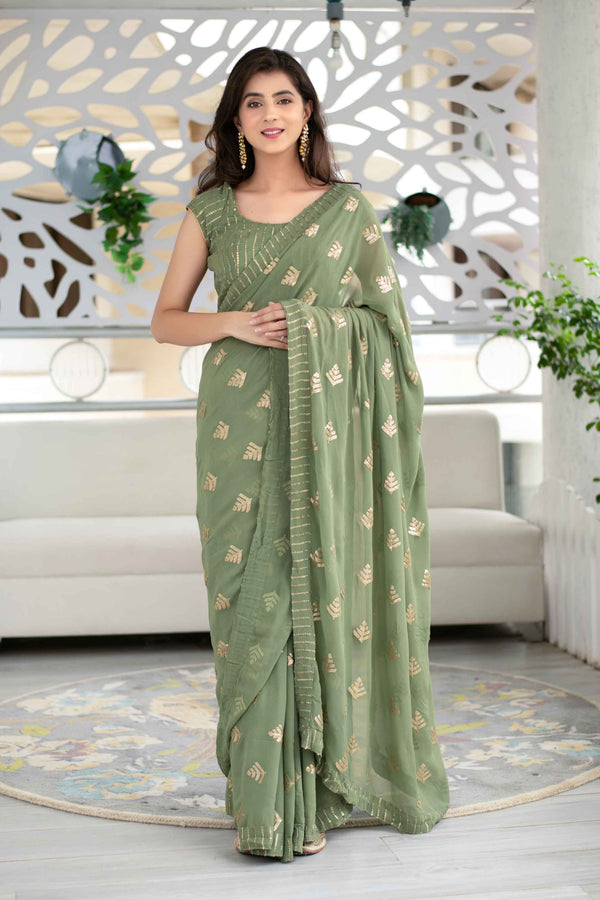 Women's Olive Green Sequin Saree (2pcs set) - Label Shaurya Sanadhya