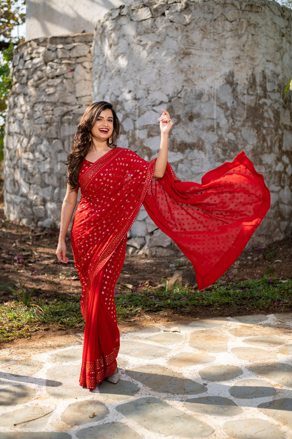 Women's Red Heavy Sequin Saree - Label Shaurya Sanadhya