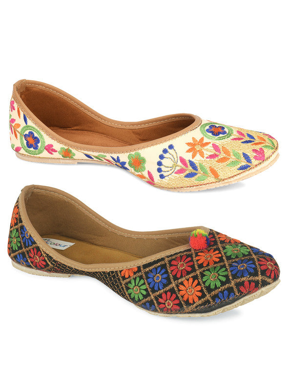 Women's Multicolour Combo of 2 Pair of Embroidered Indian Handcrafted Ethnic Comfort Footwear - Desi Colour