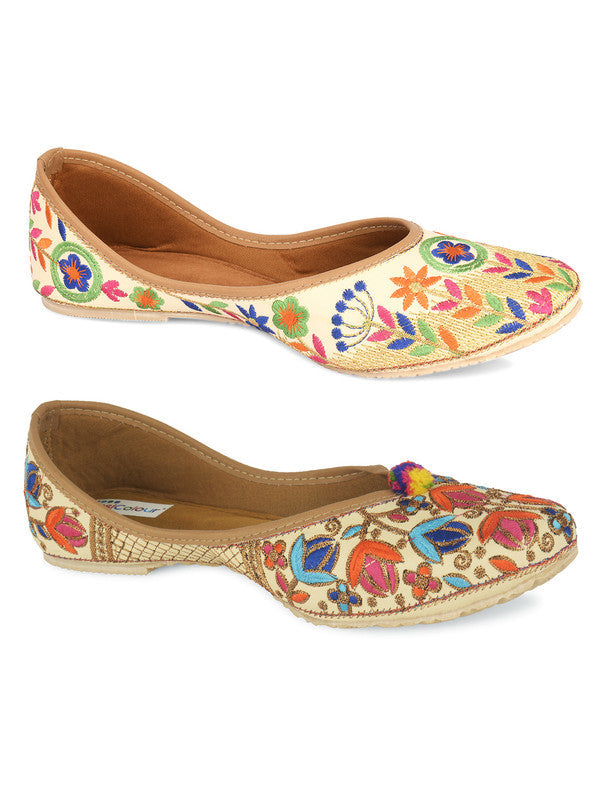 Women's Multicolour Combo of 2 Pair of Embroidered Indian Handcrafted Ethnic Comfort Footwear - Desi Colour