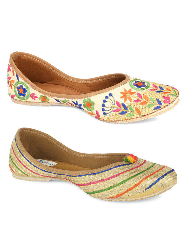 Women's Multicolour Combo of 2 Pair of Embroidered Indian Handcrafted Ethnic Comfort Footwear - Desi Colour