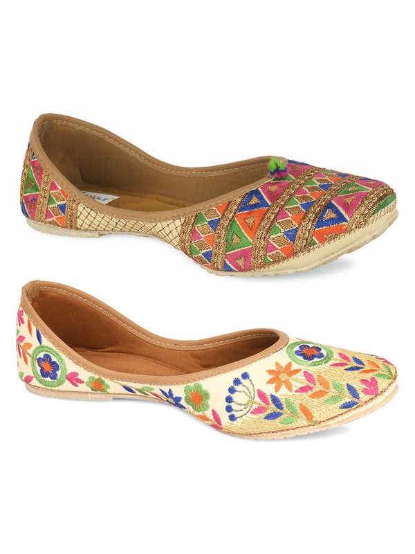 Women's Multicolour Combo of 2 Pair of Embroidered Indian Handcrafted Ethnic Comfort Footwear - Desi Colour