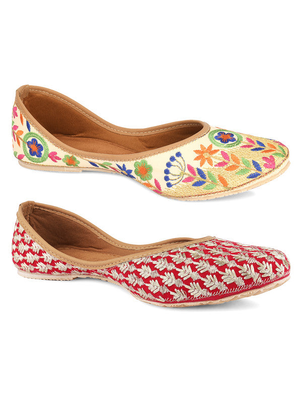 Women's Multicolour Combo of 2 Pair of Embroidered Indian Handcrafted Ethnic Comfort Footwear - Desi Colour