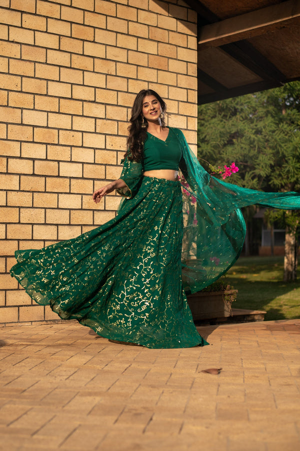 Women's Rama Green All Over Work Lehenga - Label Shaurya Sanadhya