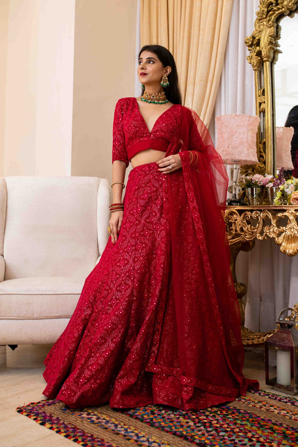 Women's Bridal Red Heavy Thread Work Lehenga - Label Shaurya Sanadhya