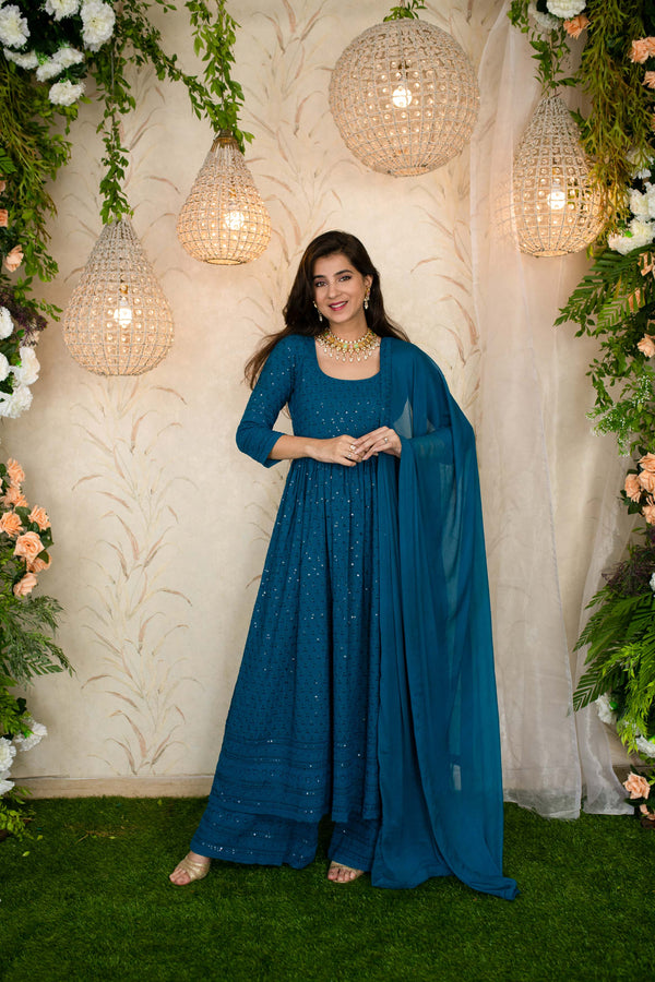 Women's Teal Blue Anarkali With Palazzo - Label Shaurya Sanadhya