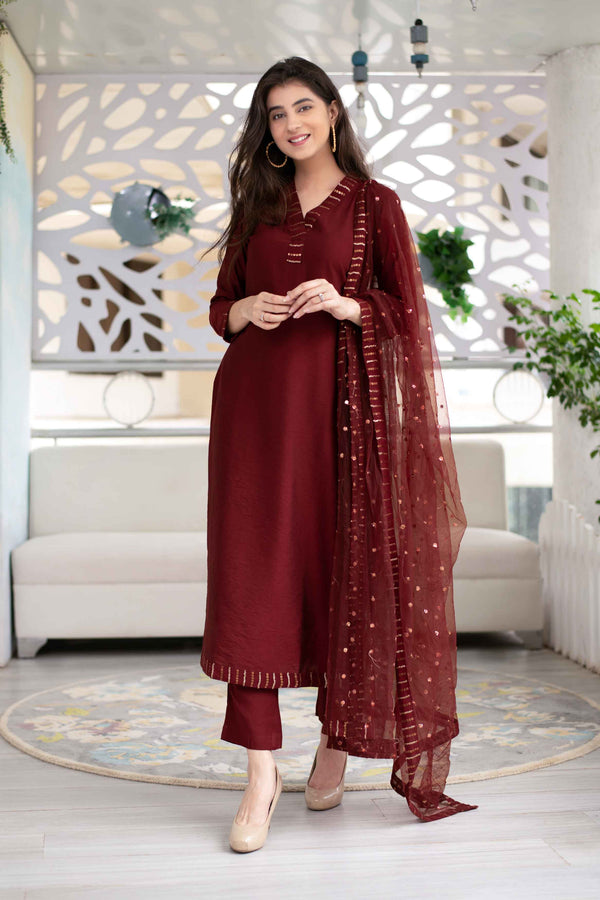 Women's Embellished Maroon Kurta Set (3 Pc Set) - Label Shaurya Sanadhya