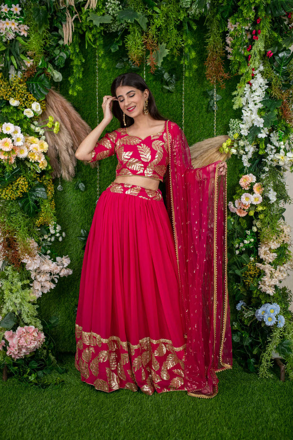 Women's Rani Pink Leaf Daman Lehenga - Label Shaurya Sanadhya