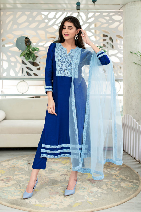 Women's Shades Of Blue Kurta Set (3pc Set) - Label Shaurya Sanadhya