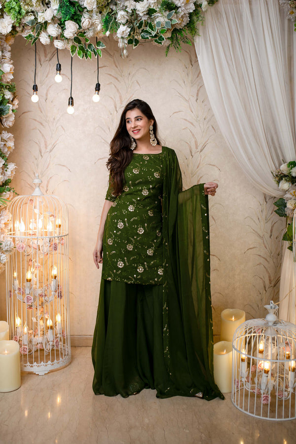 Women's Olive Kurta With Palazzo (3pcs set) - Label Shaurya Sanadhya