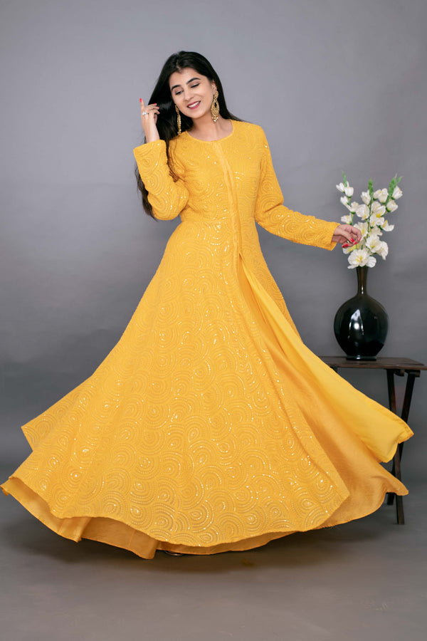 Women's Yellow Thread Work Anarkali With Chanderi Skirt (2pc Set) - Label Shaurya Sanadhya