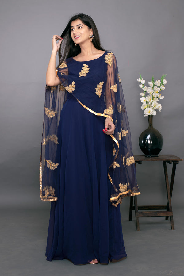 Women's Blue Gown With Attached Dupatta  - Label Shaurya Sanadhya