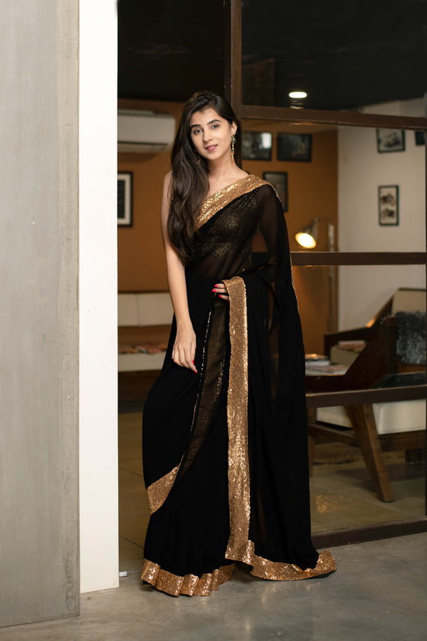 Women's Black Georgette Saree With Blouse by Label Shaurya Sanadhya- (2pcs set)