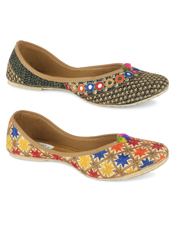 Women's Multicolour Combo of 2 Pair of Embroidered Indian Handcrafted Ethnic Comfort Footwear - Desi Colour