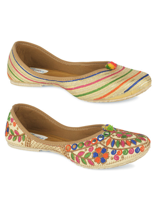 Women's Multicolour Combo of 2 Pair of Embroidered Indian Handcrafted Ethnic Comfort Footwear - Desi Colour