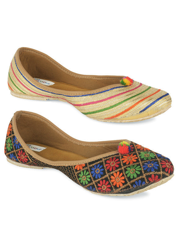 Women's Multicolour Combo of 2 Pair of Embroidered Indian Handcrafted Ethnic Comfort Footwear - Desi Colour