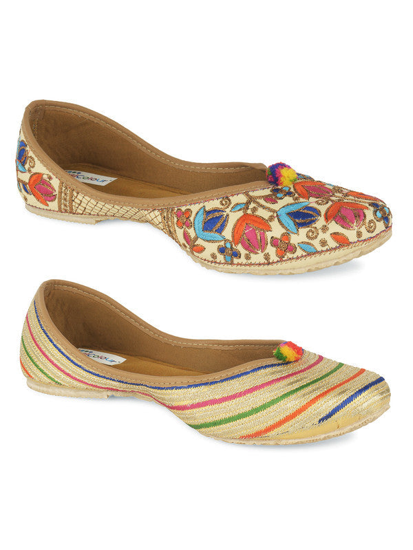 Women's Multicolour Combo of 2 Pair of Embroidered Indian Handcrafted Ethnic Comfort Footwear - Desi Colour