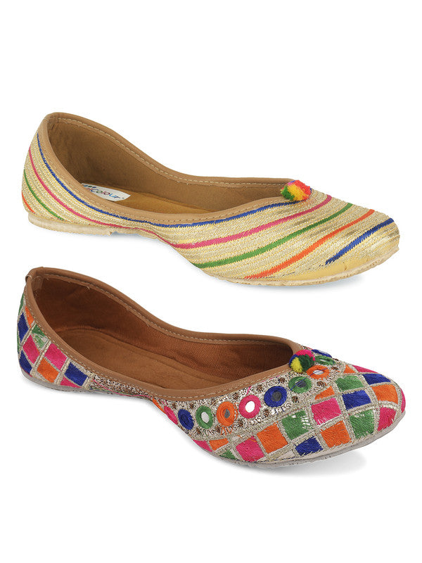 Women's Multicolour Combo of 2 Pair of Embroidered Indian Handcrafted Ethnic Comfort Footwear - Desi Colour