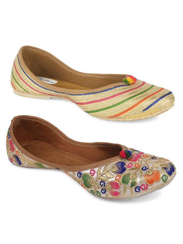 Women's Multicolour Combo of 2 Pair of Embroidered Indian Handcrafted Ethnic Comfort Footwear - Desi Colour