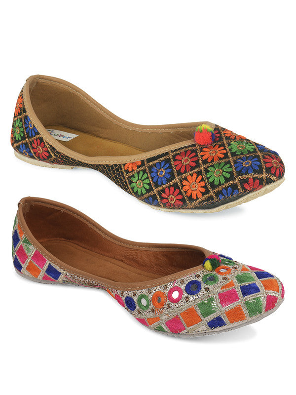 Women's Multicolour Combo of 2 Pair of Embroidered Indian Handcrafted Ethnic Comfort Footwear - Desi Colour