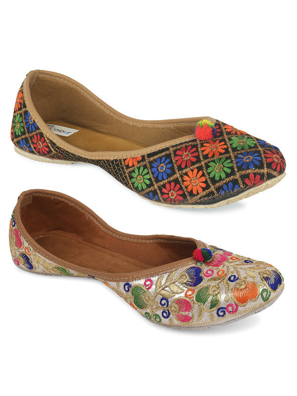 Women's Multicolour Combo of 2 Pair of Embroidered Indian Handcrafted Ethnic Comfort Footwear - Desi Colour