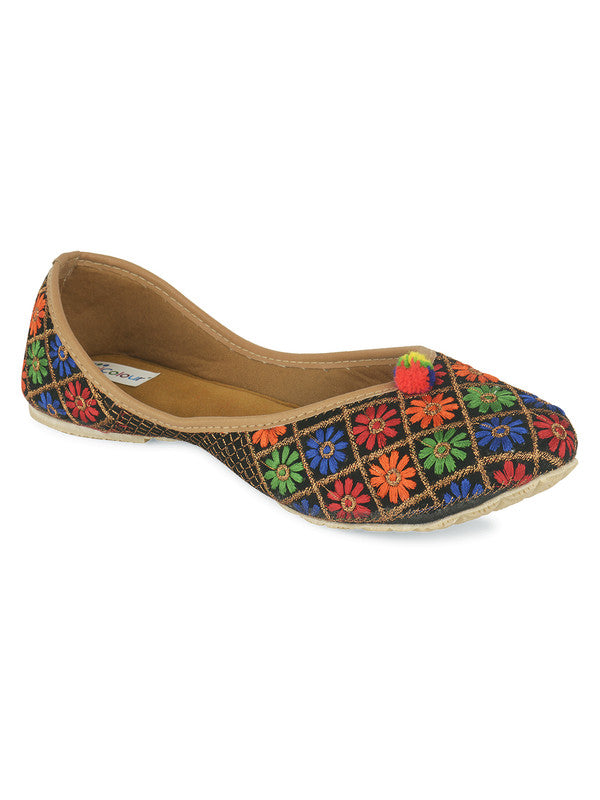 Women's Floral Black Womens Indian Ethnic Comfort Footwear - Desi Colour