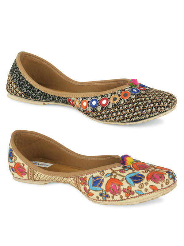 Women's Multicolour Combo of 2 Pair of Embroidered Indian Handcrafted Ethnic Comfort Footwear - Desi Colour