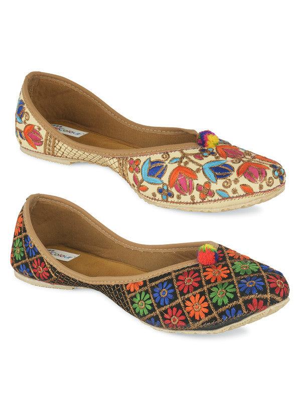 Women's Multicolour Combo of 2 Pair of Embroidered Indian Handcrafted Ethnic Comfort Footwear - Desi Colour