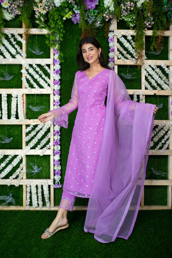 Women's Lavender Organza Kurta Set - Label Shaurya Sanadhya