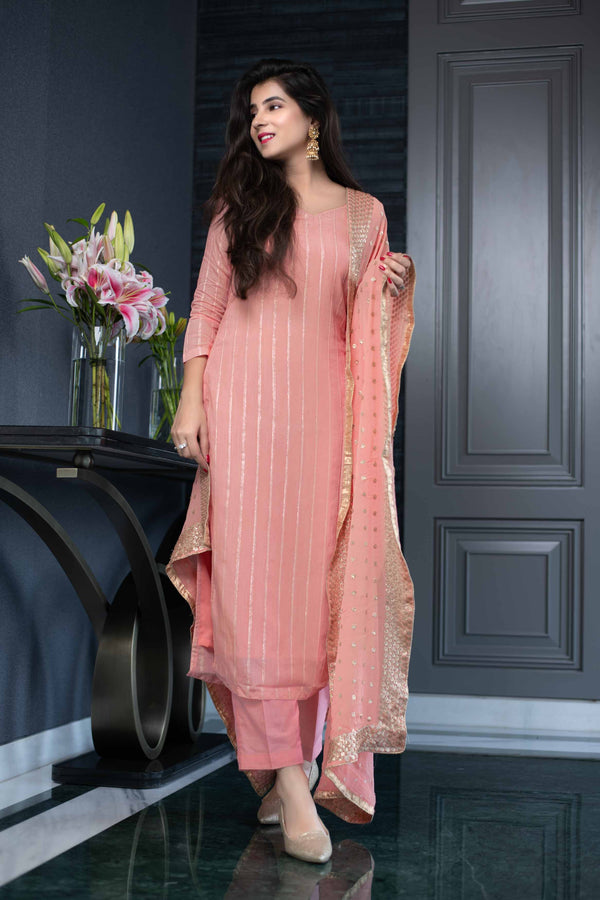 Women's Peach Kurta set With Heavy Dupatta (3pcs Set) - Label Shaurya Sanadhya