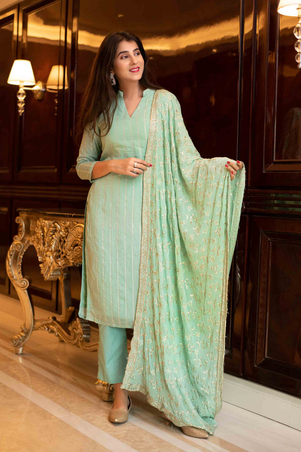 Women's Pista Green Kurta Set With Chinon Heavy Zari Work Dupatta (3pcs Set) - Final Clearance Sale