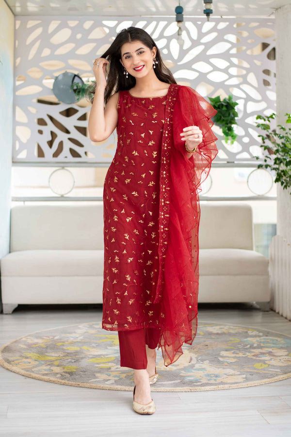 Women's Red Sequin Kurta Suit Set With Net Ruffle Dupatta Label Shaurya Sanadhya