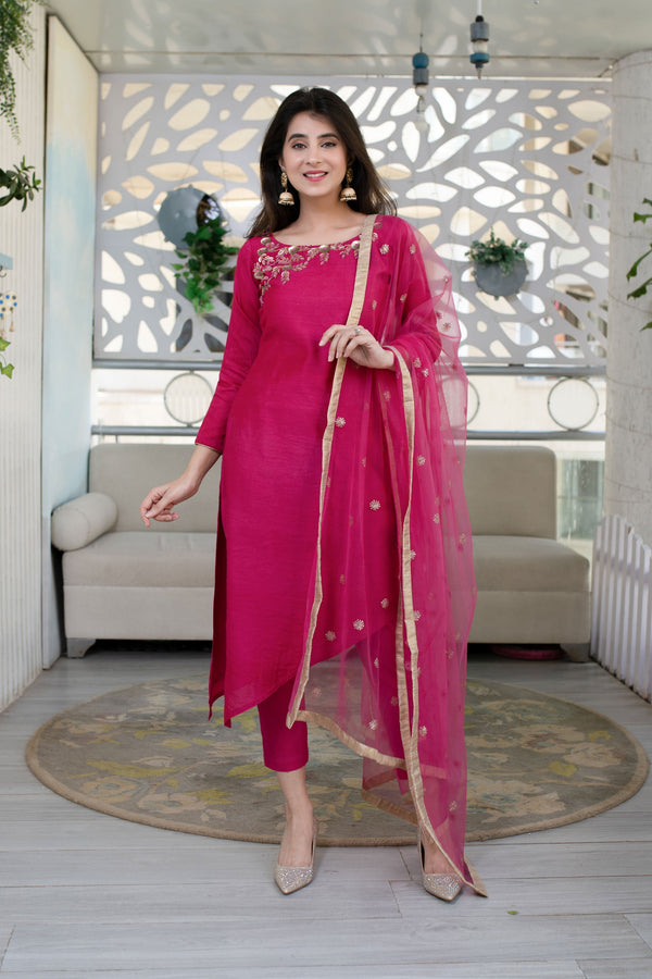 Women's Hand Work Pink Kurta Set (3pcs set) - Label Shaurya Sanadhya