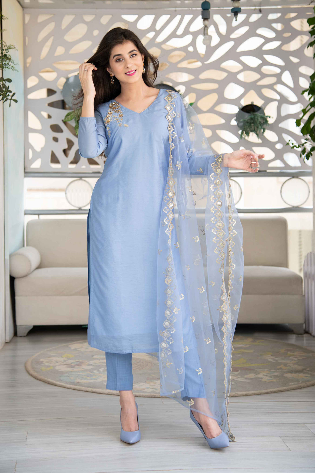 Women's Powder Blue Embellished Kurta Set (3pcs set) - Label Shaurya Sanadhya