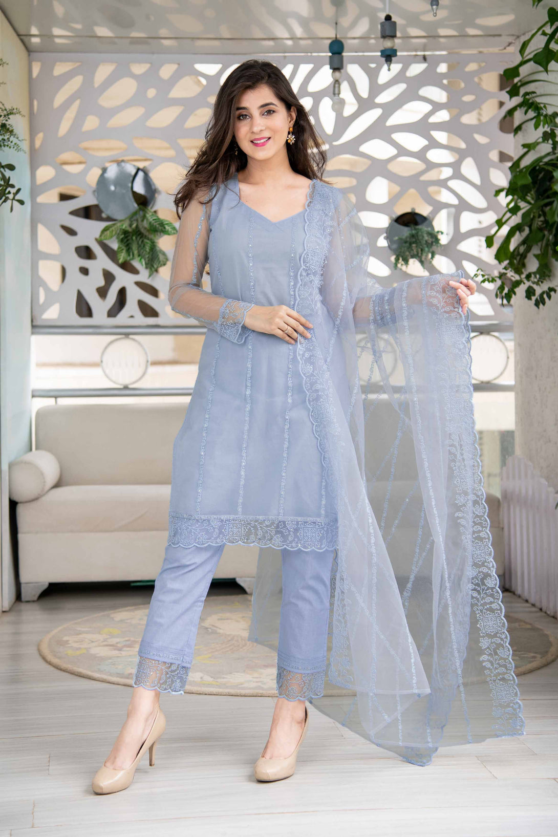 Women's Powder Blue Net Short Kurta Set - Label Shaurya Sanadhya