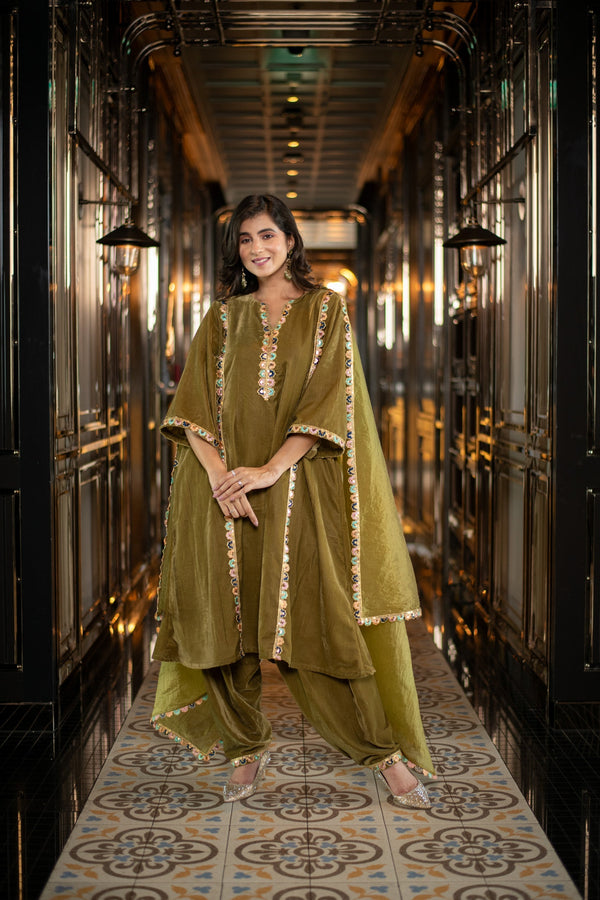 Women's Velvet Olive Green Salwar Set - Label Shaurya Sanadhya