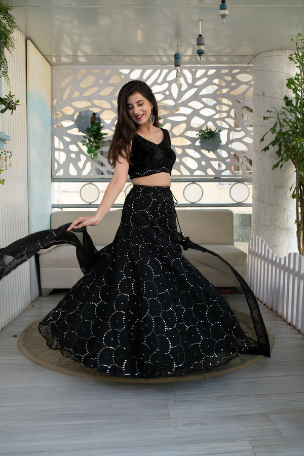 Women's Black Organza Lehenga With Velvet Blouse (3 Pc Set) - Label Shaurya Sanadhya