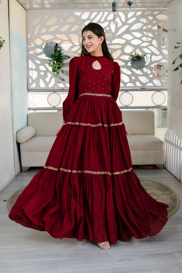 Women's Maroon Hand Work Gown - Label Shaurya Sanadhya