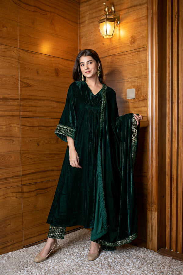 Women's Bottle Green Velvet A Line Kurta Set - Label Shaurya Sanadhya